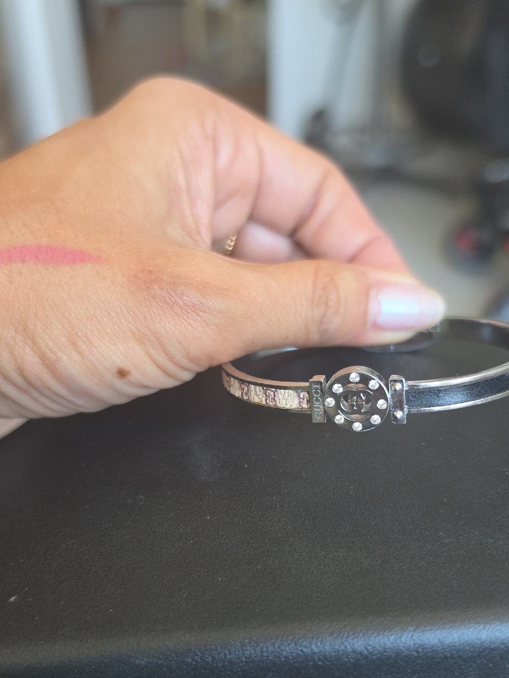 G Designer Inspired Black and Silver Leather Logo Bangle Bracelet